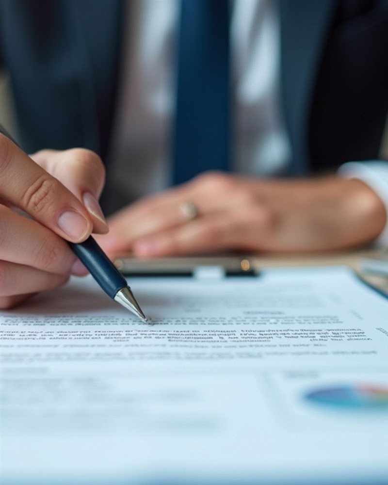 Pessoa assinando um contrato empresarial em prancheta, com gráfico visível na página