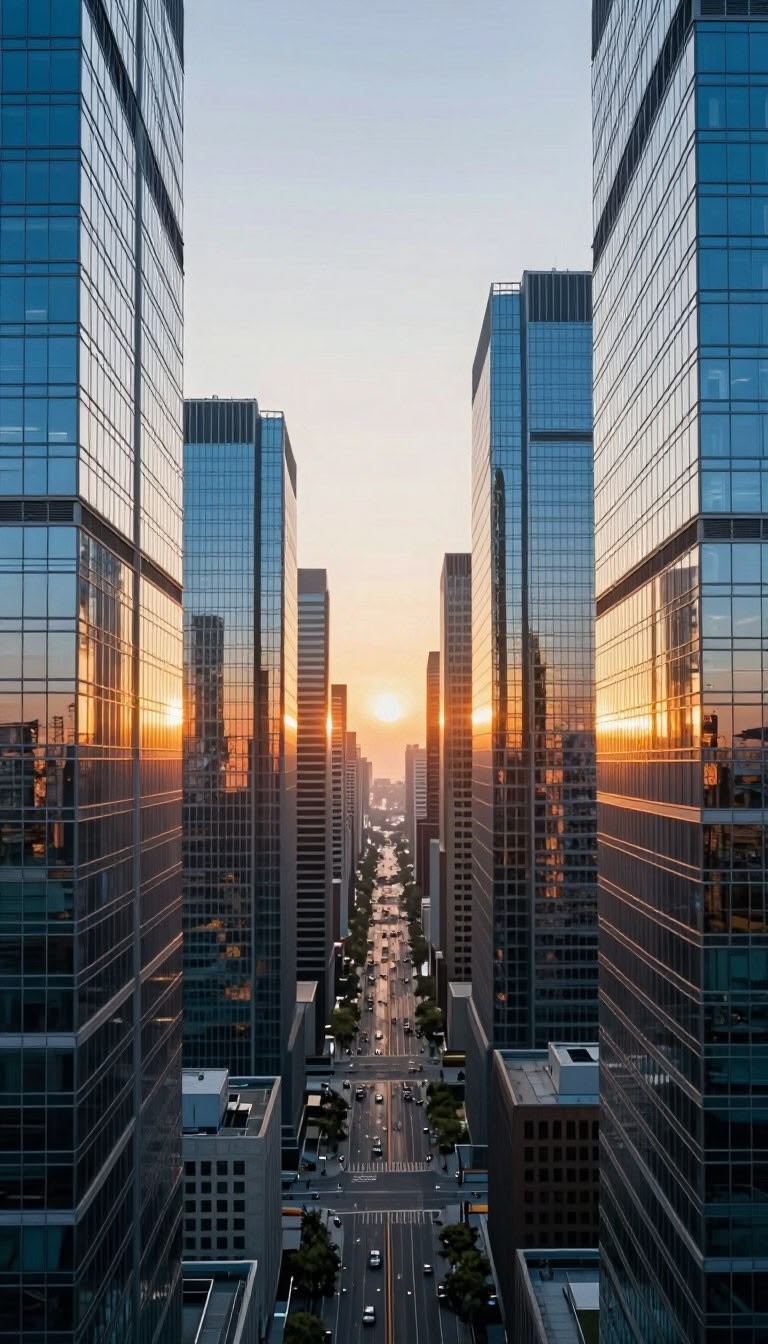 Edifícios corporativos ao pôr do sol
