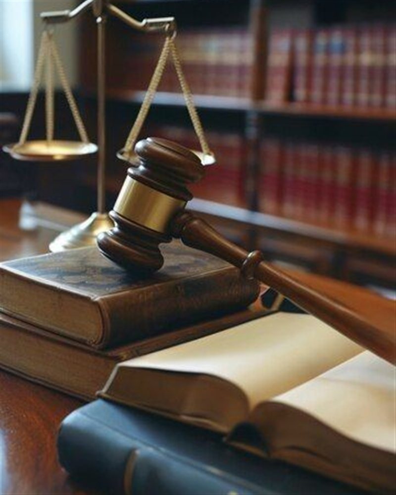 Martelo de juiz, balança da justiça e livros jurídicos sobre mesa de escritório