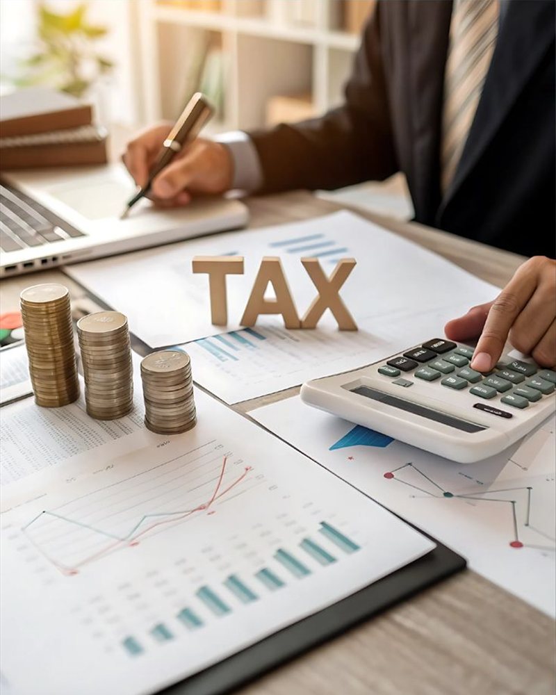 Letras de madeira formando a palavra TAX sobre mesa com calculadora, moedas e gráficos