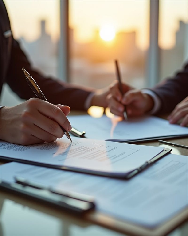 Duas pessoas assinando documentos em escritório, com pôr do sol ao fundo
