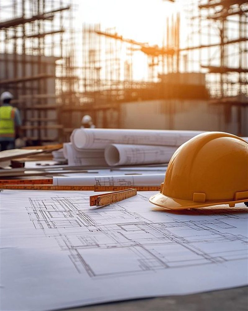 Capacete de segurança e plantas de obra em canteiro de construção ao pôr do sol